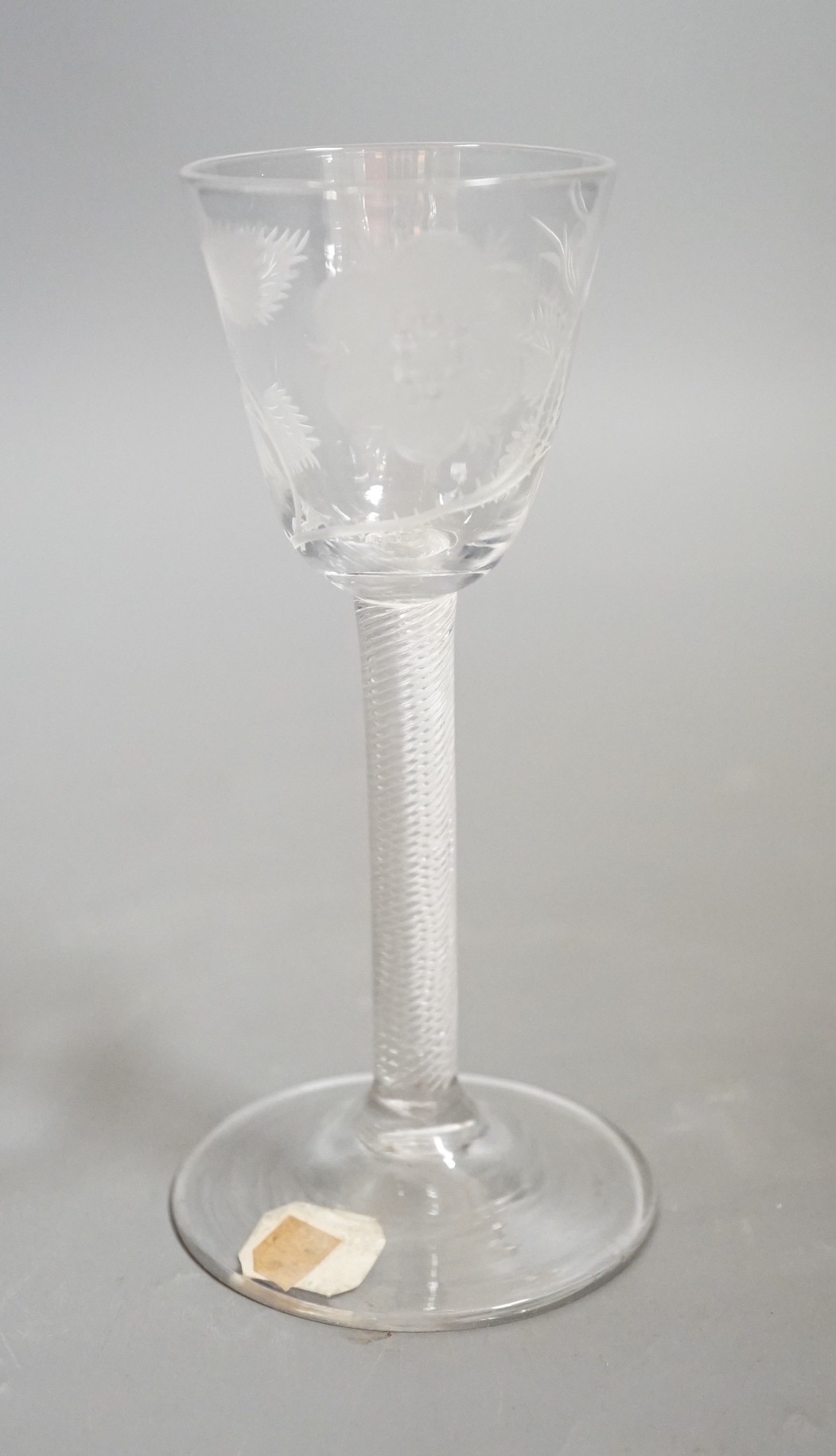 A Jacobite airtwist wine glass, c.1745, collector's label, 15cms high